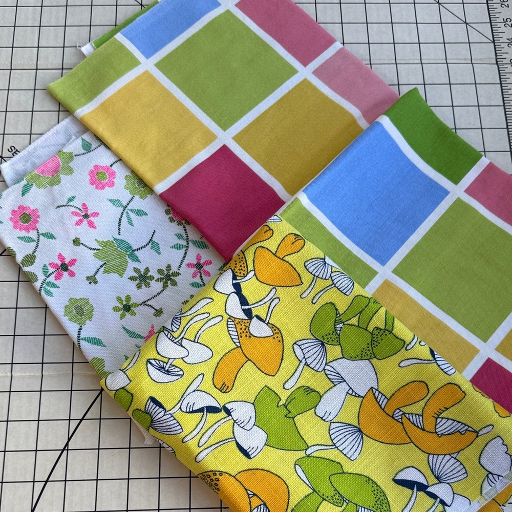 Lot of 3 Vintage Midweight Fabrics – Bright Squares, Retro Mushroom, Floral